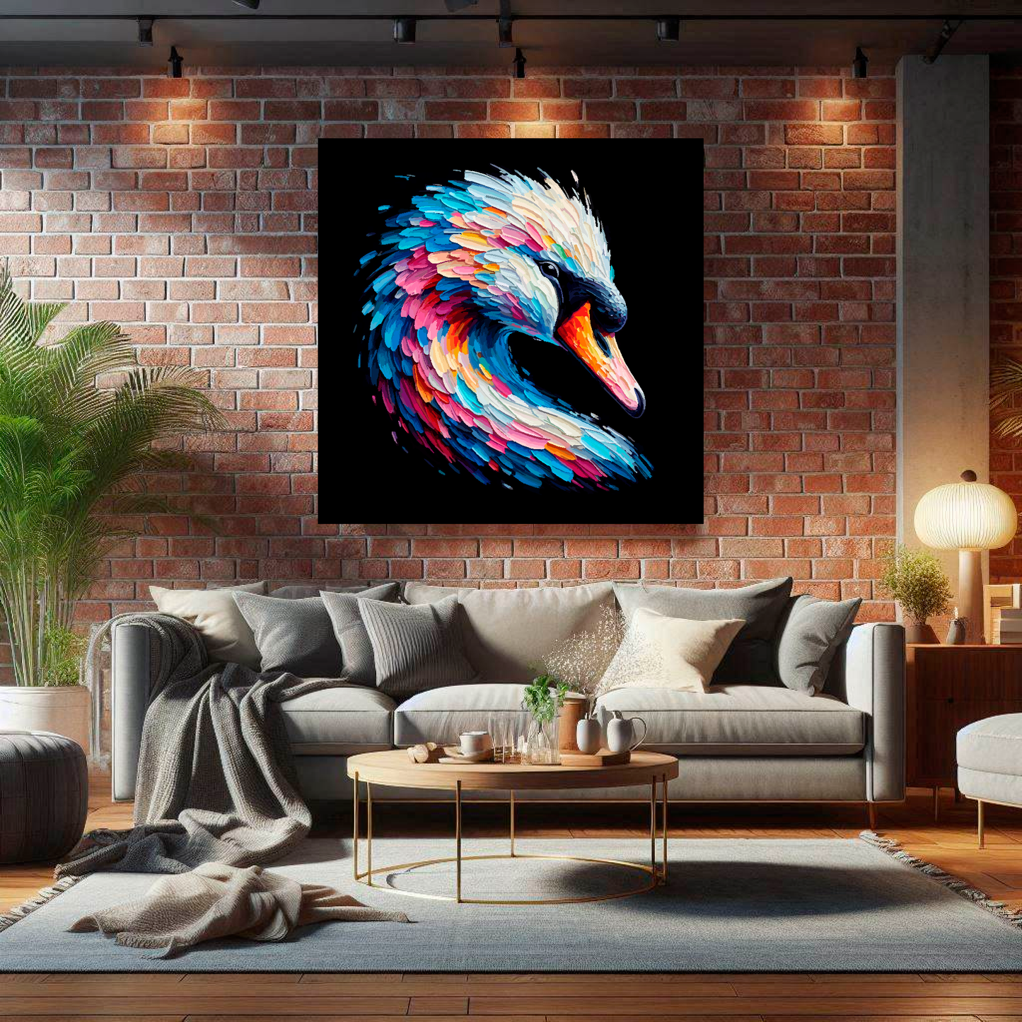Large canvas wall art - A vibrant multi-coloured head portrait of a Swan. Available in 3 large sizes.