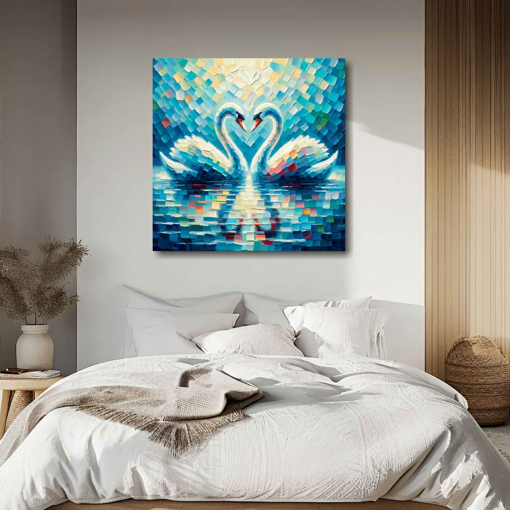 Large canvas wall art - A vibrant multi-coloured painting of two Swans in Love. Available in 3 large sizes.