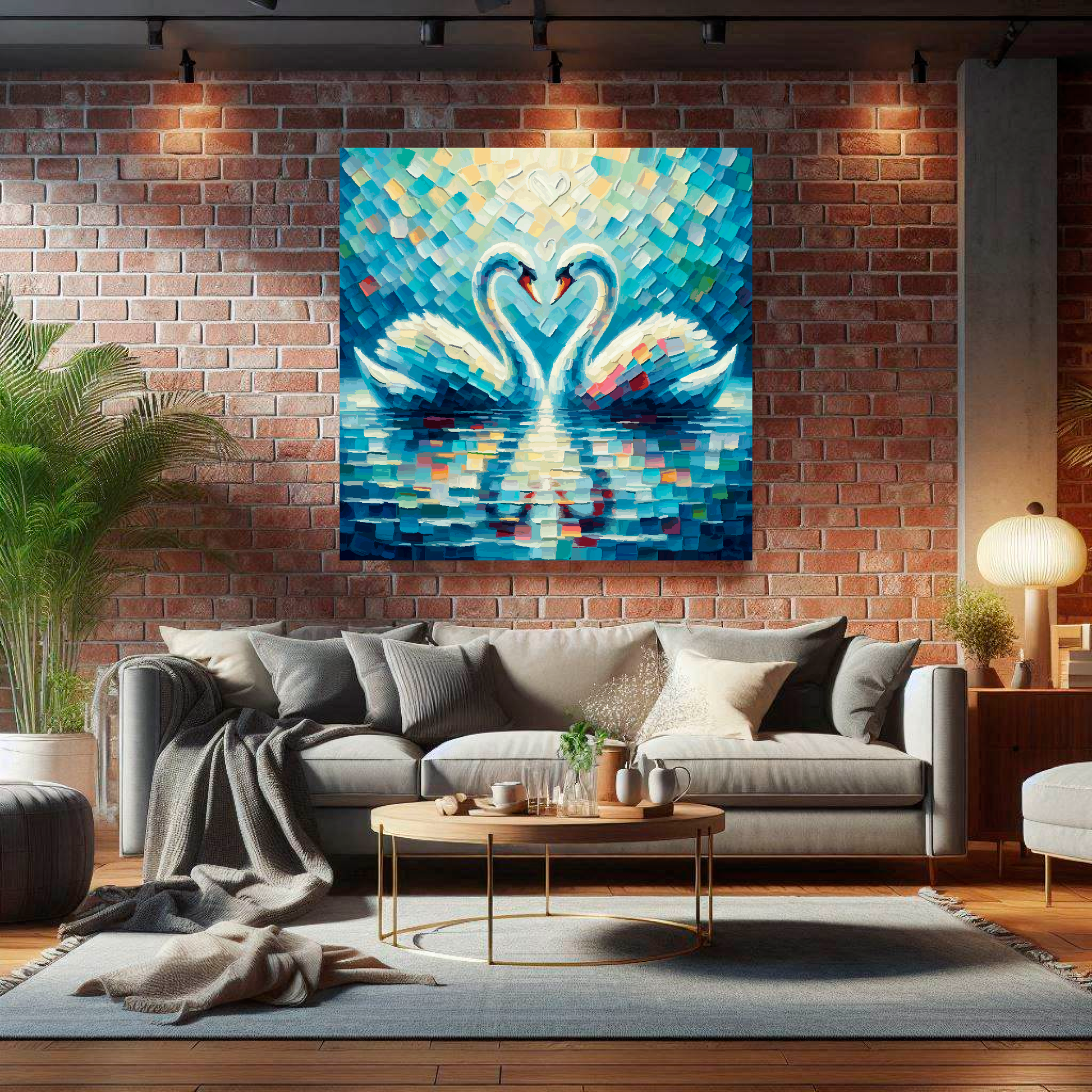 Large canvas wall art - A vibrant multi-coloured painting of two Swans in Love. Available in 3 large sizes.