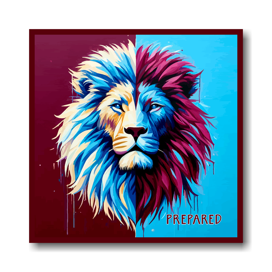 Aston Villa inspired canvas print. A colourful lion head artwork with 'PREPARED' text in the bottom right corner. On a split claret and blue background.
