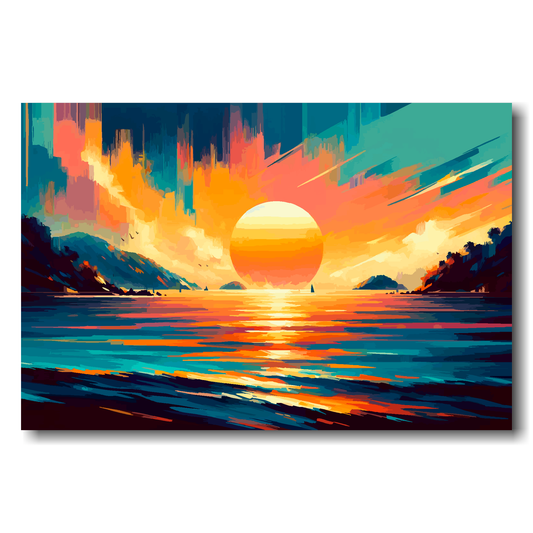 Colorful abstract painting of a sunset over water with vibrant orange, blue, and purple hues.