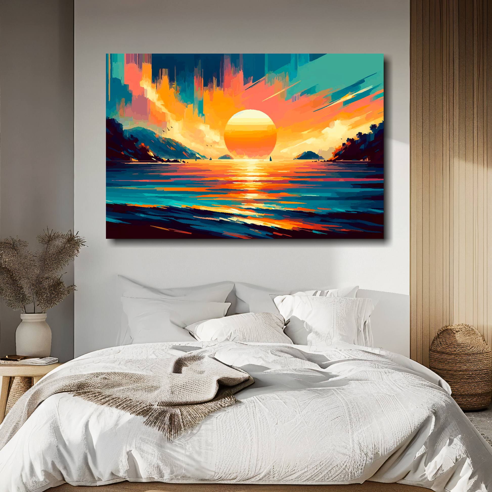 Large canvas print featuring a Thailand sunset landscape. Mounted on a white wall above a double bed.