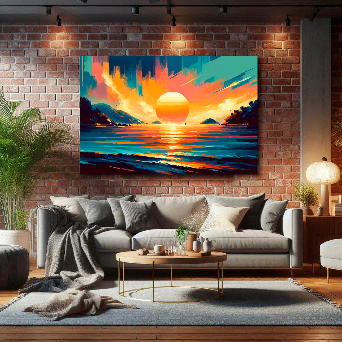 Huge canvas print featuring a Thailand sunset landscape. Mounted on a brick wall above a grey sofa with decorative pillows.