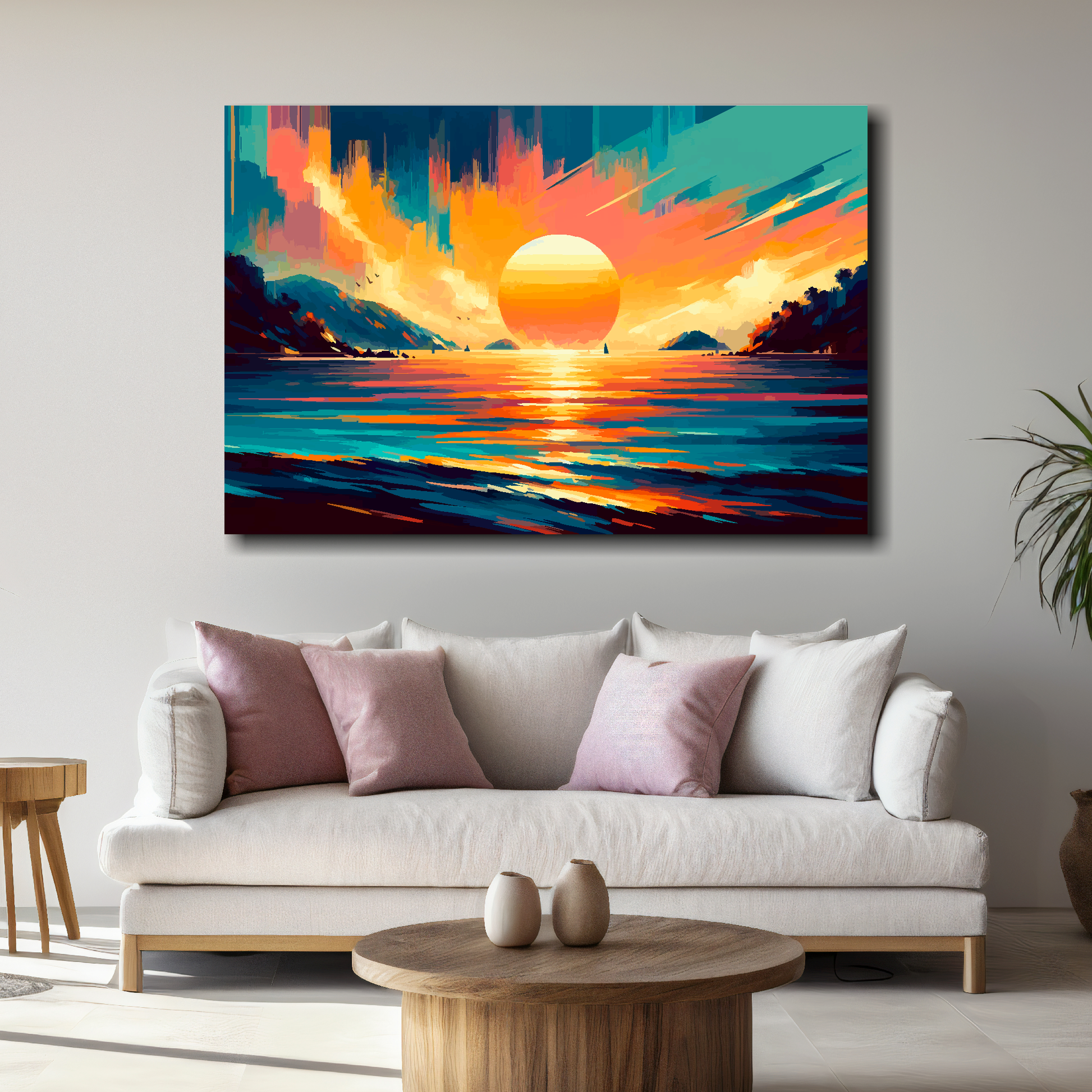 XL canvas print featuring a Thailand sunset landscape. Mounted on a white wall above a white sofa with decorative pillows.