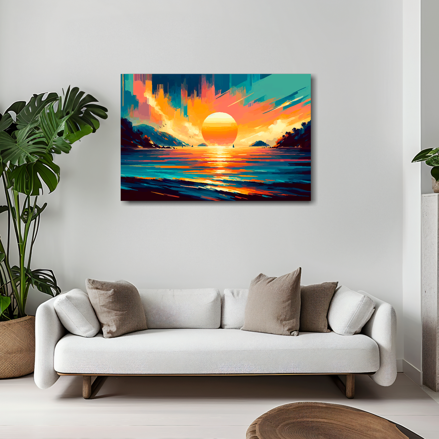 30 inch by 20 inch canvas print featuring a Thailand sunset landscape. Mounted on a white wall above a white sofa with decorative pillows.