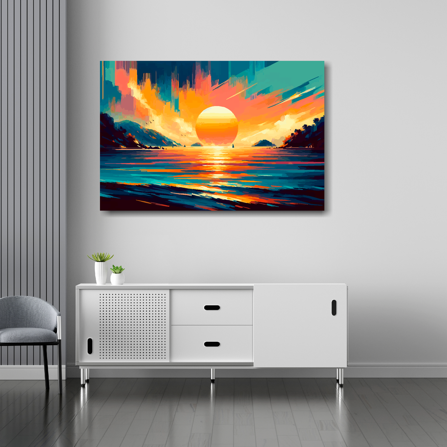 36 inch by 24 inch canvas print featuring a Thailand sunset landscape. Mounted on a white wall above a white sideboard.
