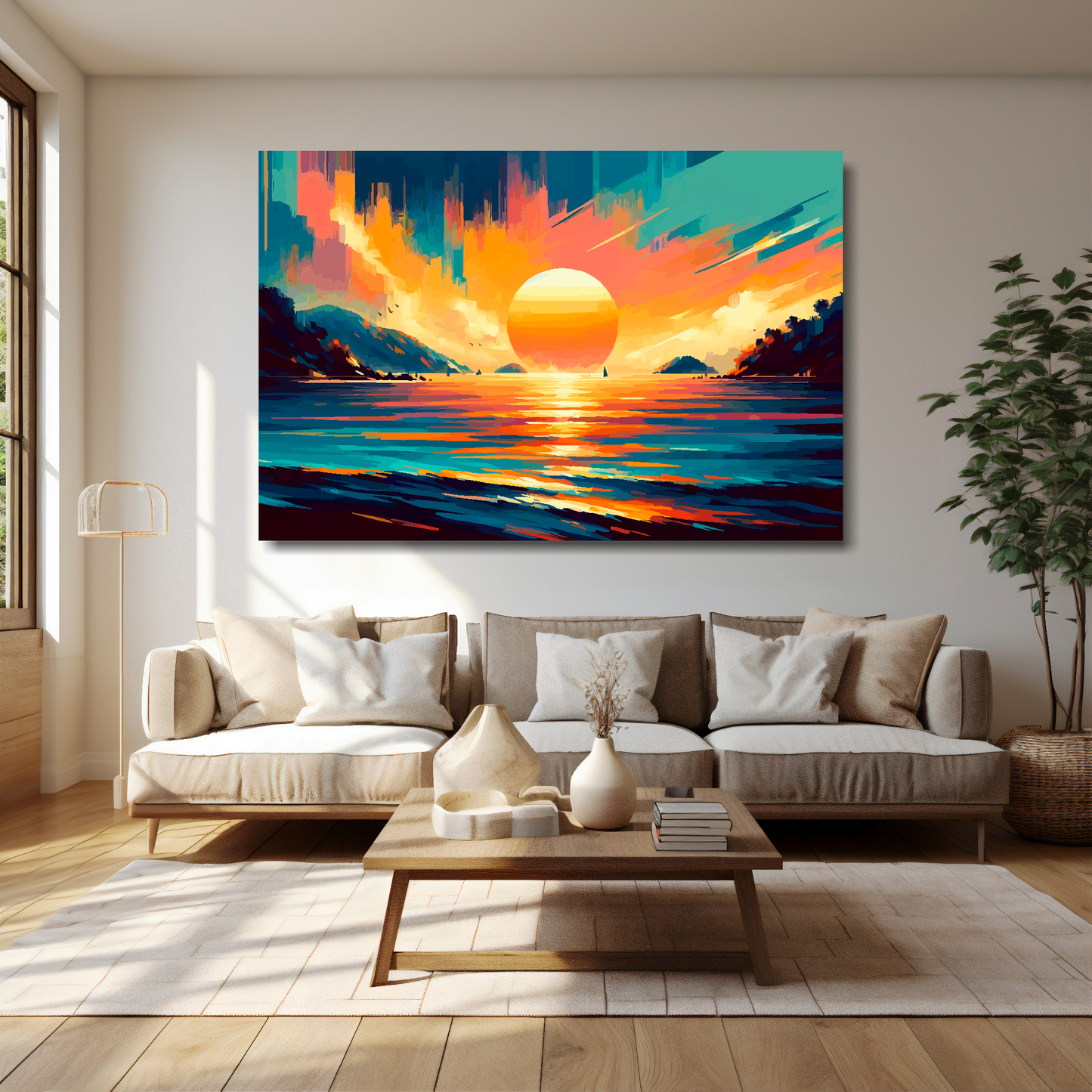 60 inch by 40 inch canvas print featuring a Thailand sunset landscape. Mounted on a cream wall above a cream sofa with decorative pillows.