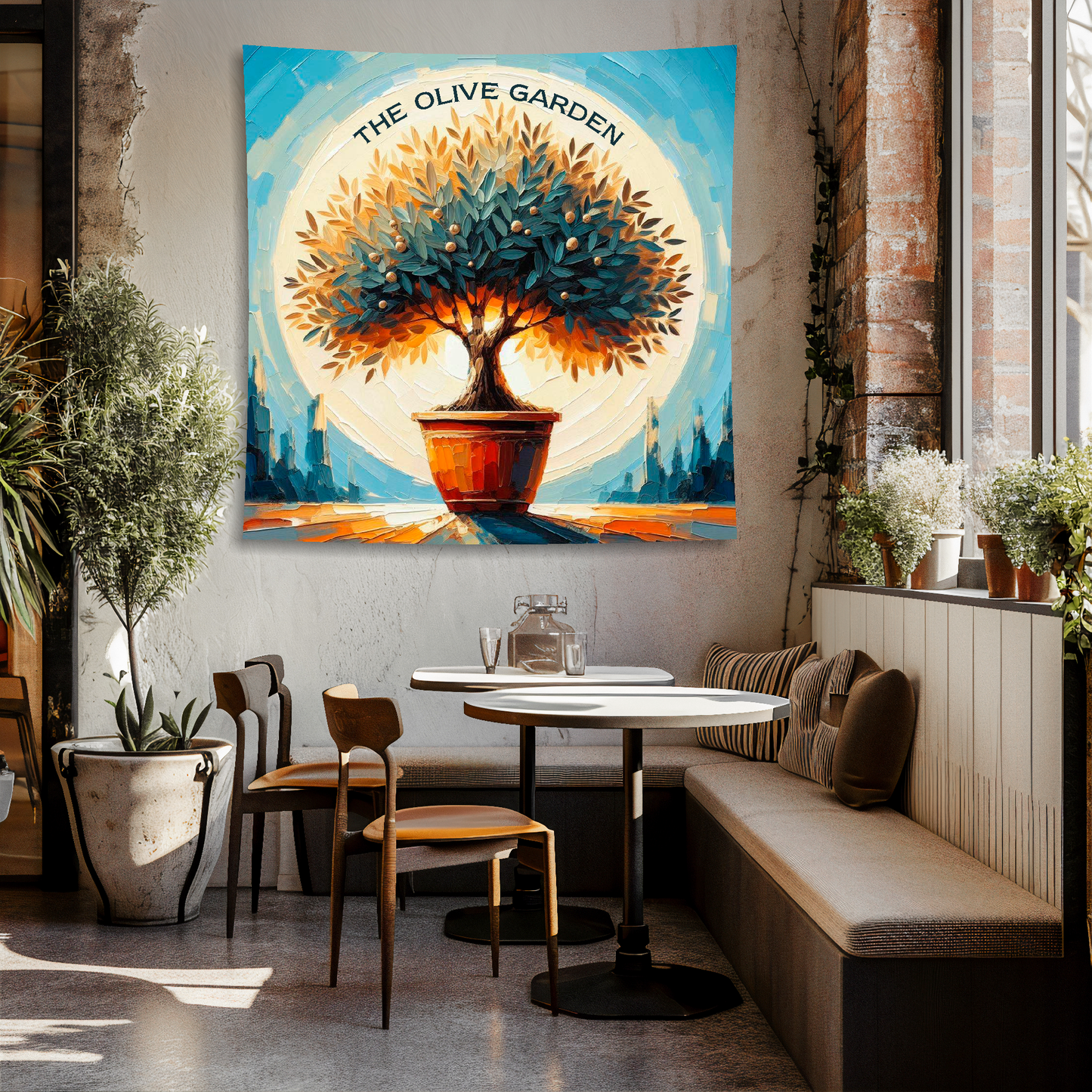 Restaurant interior with 'The Olive Garden' artwork blanket hanging on the wall.