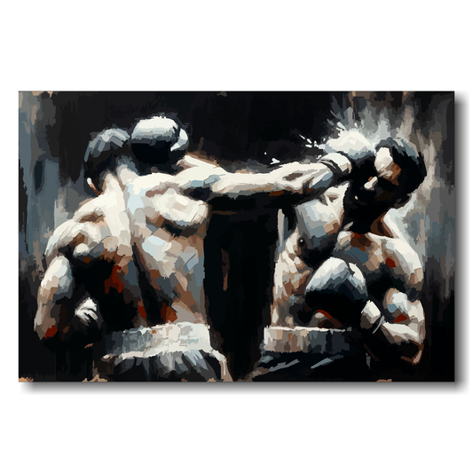 Painting of two boxers in a match on a dark background