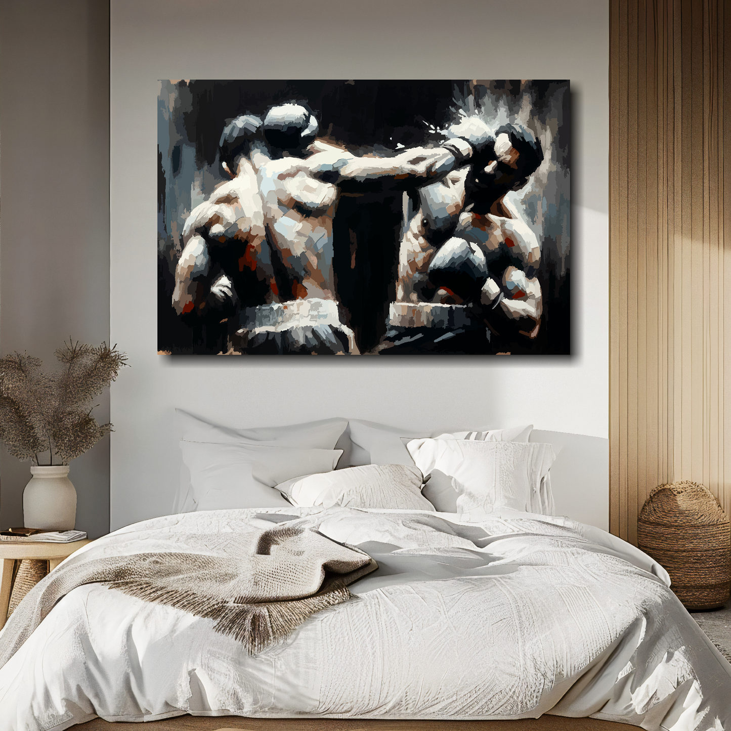 Large canvas print featuring two boxers in a match on a dark background. Mounted on a white wall above a double bed.