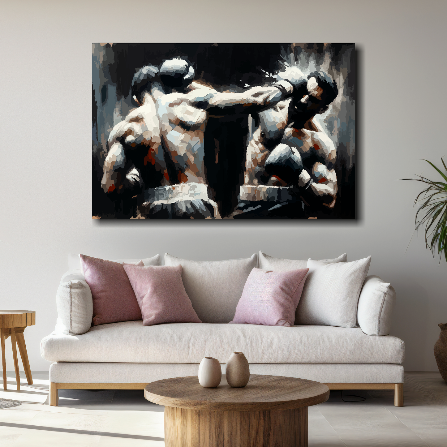 Abstract canvas print featuring two boxers in a match on a dark background. Mounted on a white wall above a white sofa with decorative pillows.