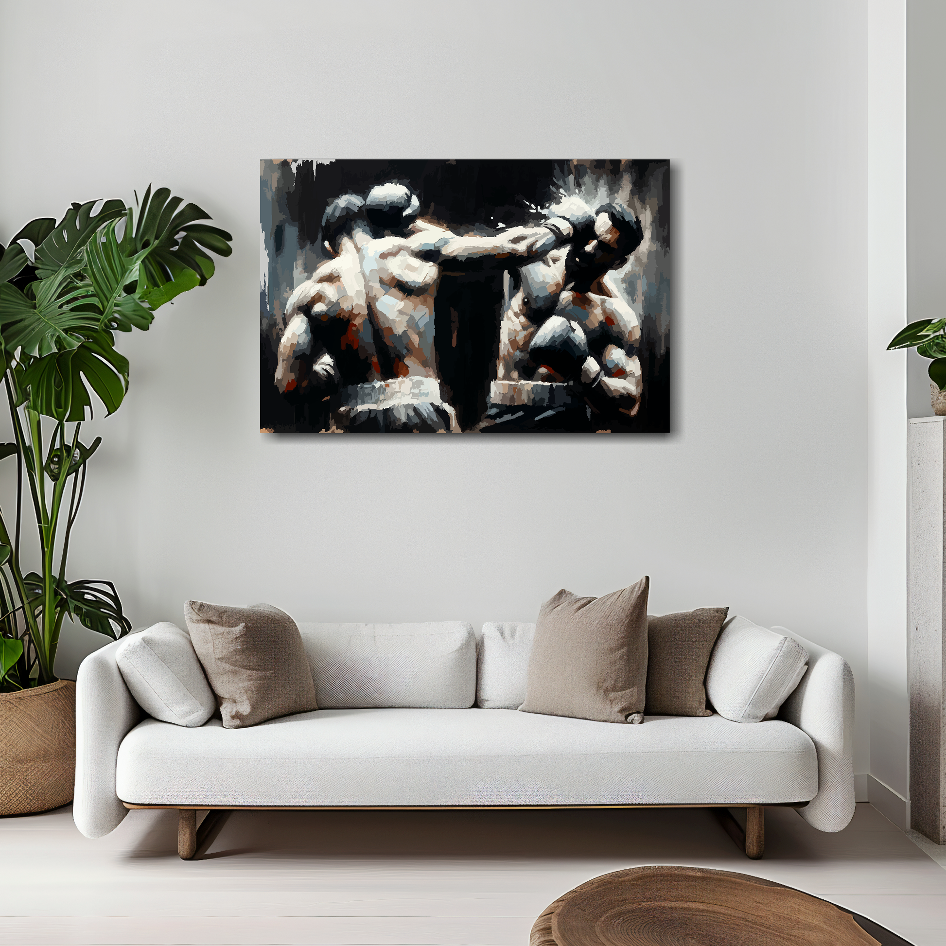30 inch by 20 inch canvas print featuring two boxers in a match on a dark background. Mounted on a white wall above a white sofa with decorative pillows.