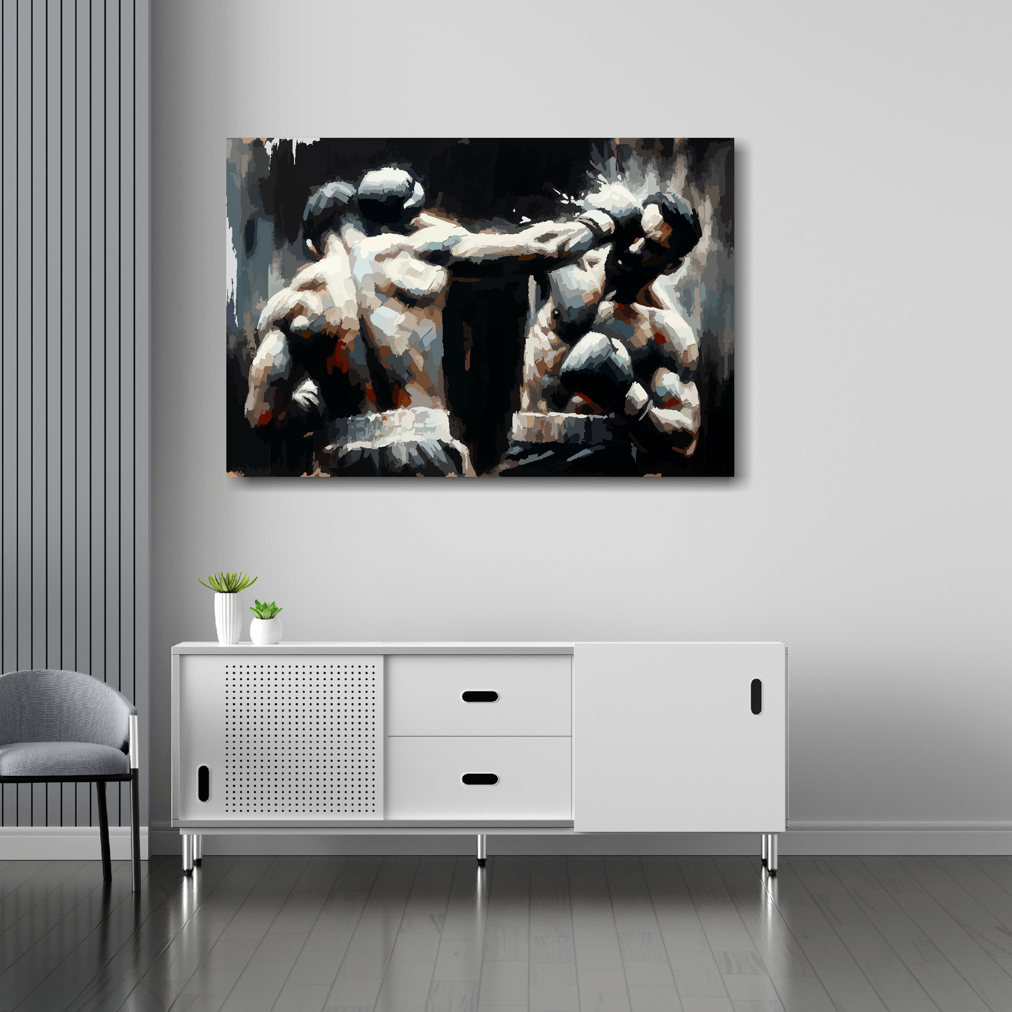36 inch by 24 inch canvas print featuring two boxers in a match on a dark background. Mounted on a white wall above a white sideboard.