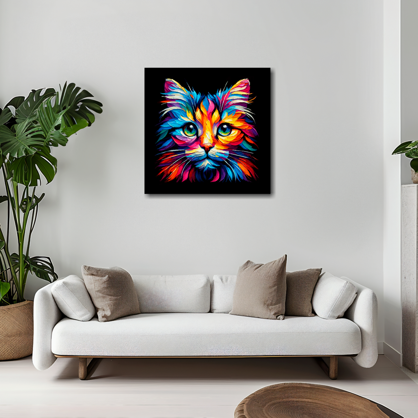 20 inch by 20 inch square canvas of a colourful Tiffany cat head portrait on a black background. Mounted on a white wall above a white sofa with decorative pillows.