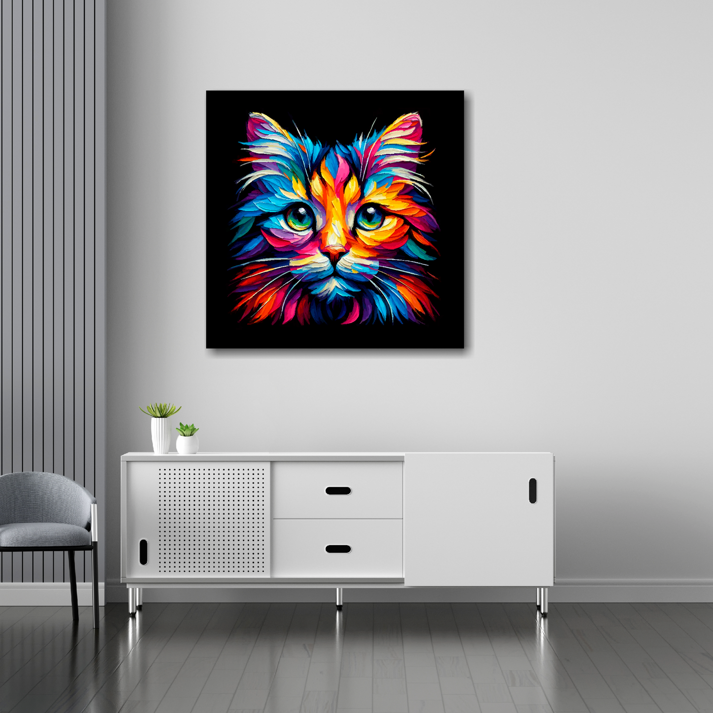 30 inch by 30 inch square canvas of a colourful Tiffany cat head portrait on a black background. Mounted on a white wall above a white sideboard.