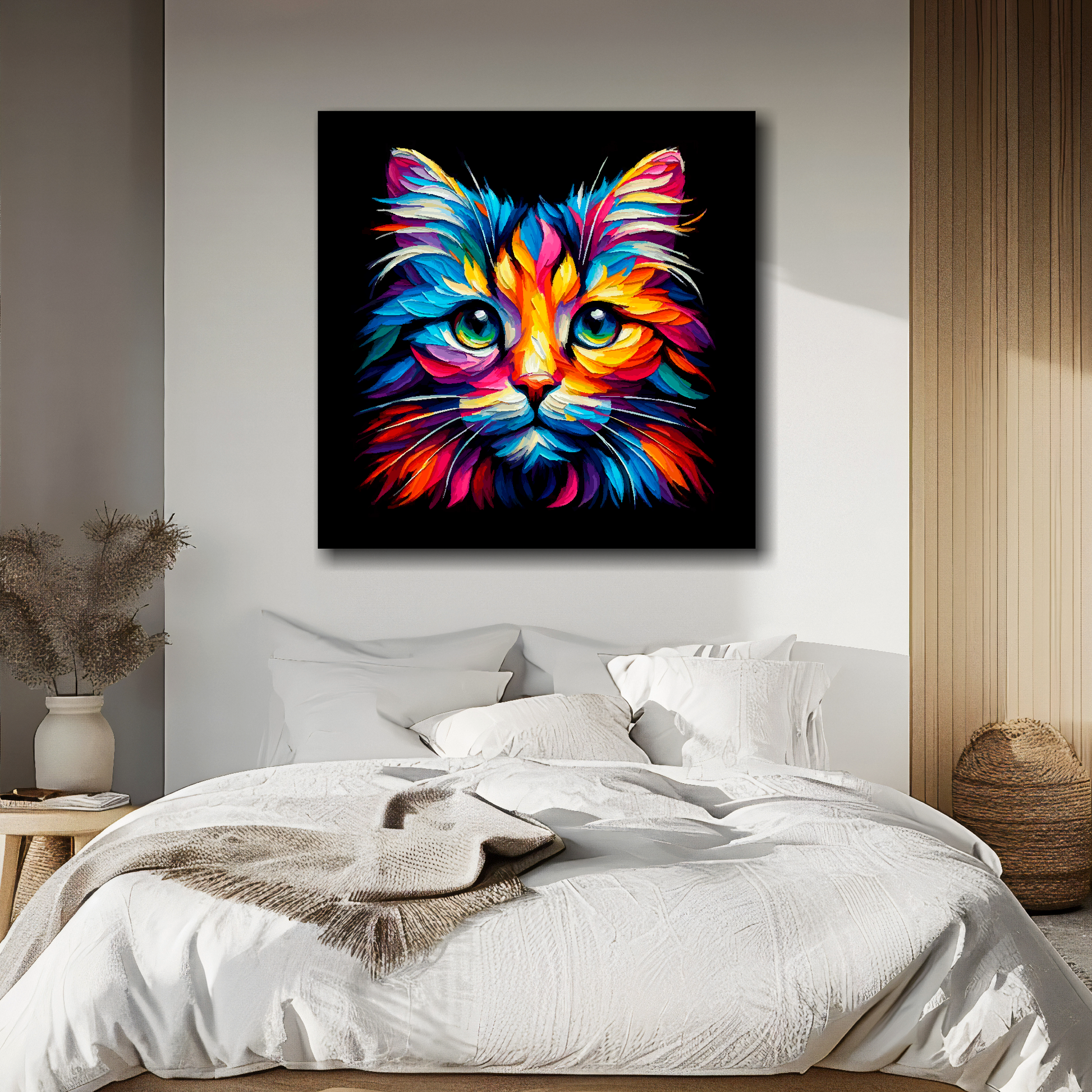 Large canvas of a colourful Tiffany cat head portrait on a black background. Mounted on a white wall above a double bed.