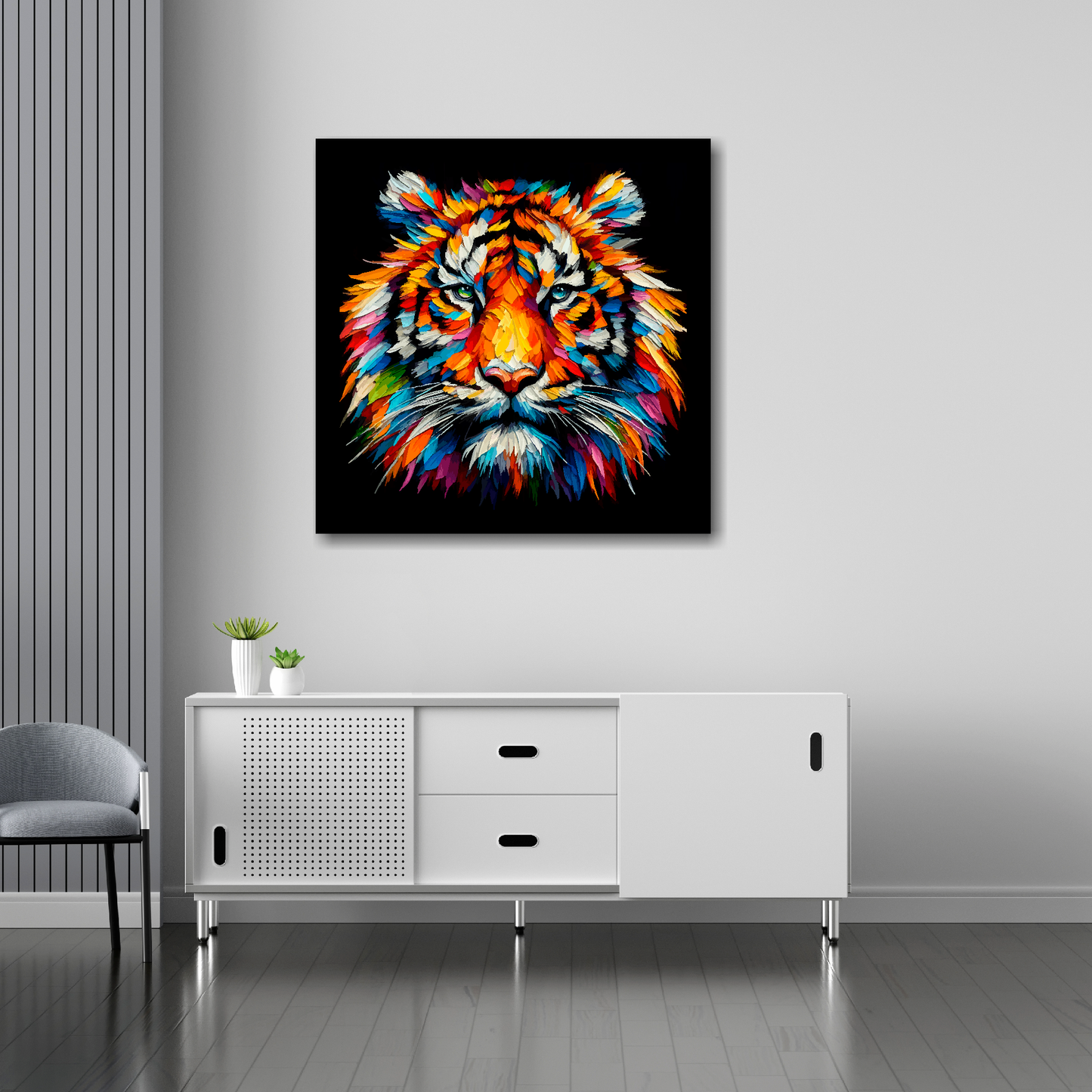 30 inch by 30 inch square canvas of a colouful Tiger head portrait on a black background. Mounted on a white wall above a white sideboard.