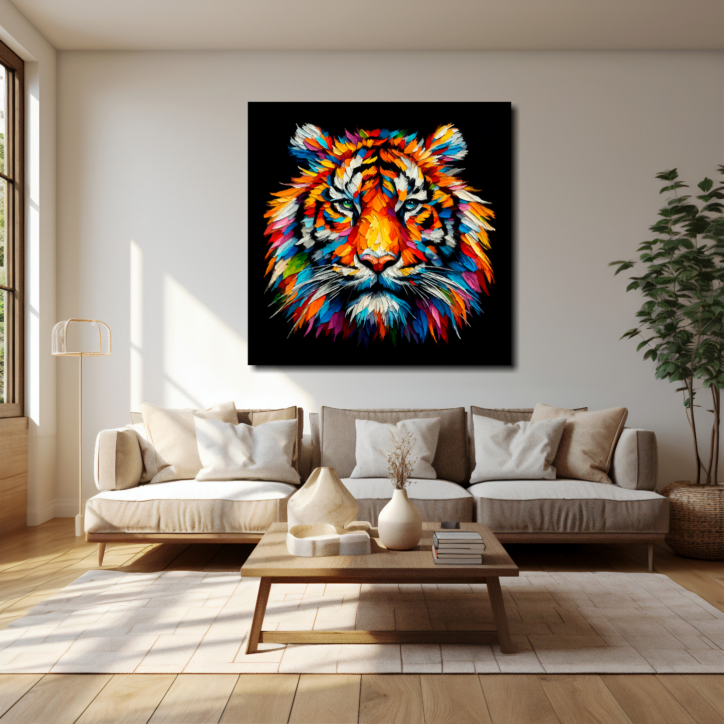 40 inch by 40 inch square canvas of a colouful Tiger head portrait on a black background. Mounted on a white wall above a cream sofa with decorative pillows.