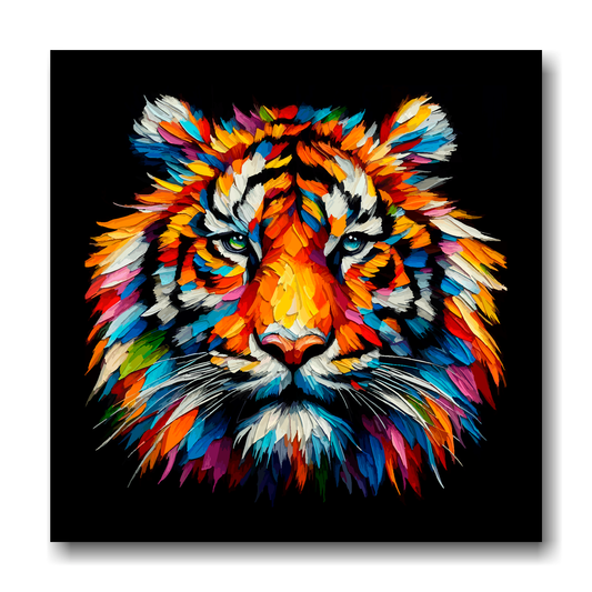 Large canvas wall art - A vibrant multi-coloured head portrait of a Tiger. Available in 3 large sizes.