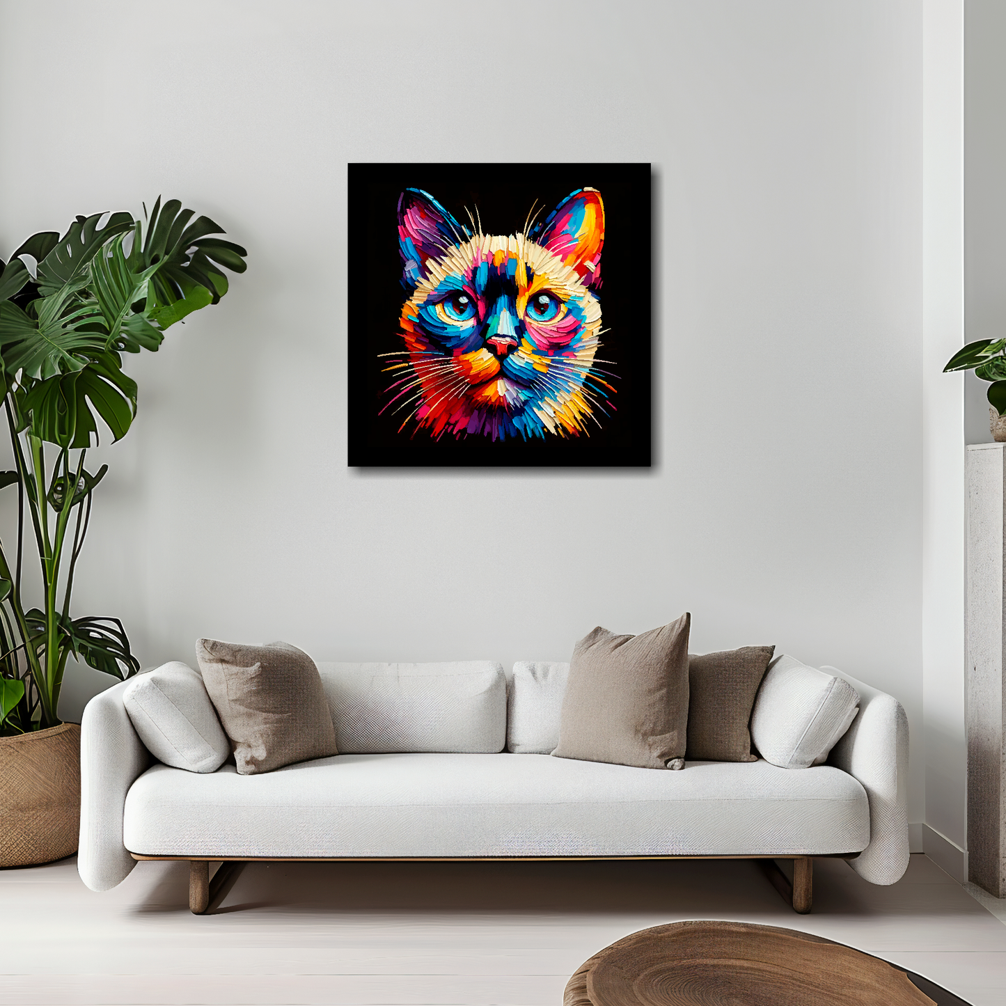 20 inch by 20 inch square canvas of a colourful Tonkinese cat head portrait on a black background. Mounted on a white wall above a white sofa with decorative pillows.