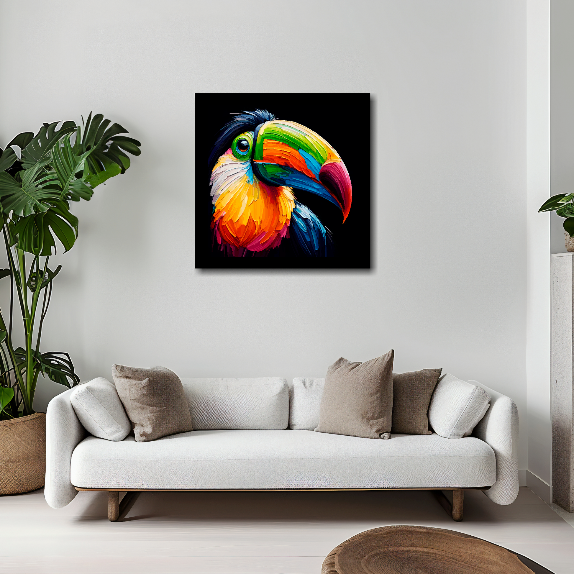 20 inch by 20 inch square canvas of a colourful Toucan portrait on a black background. Mounted on a white wall above a white sofa with decorative pillows.