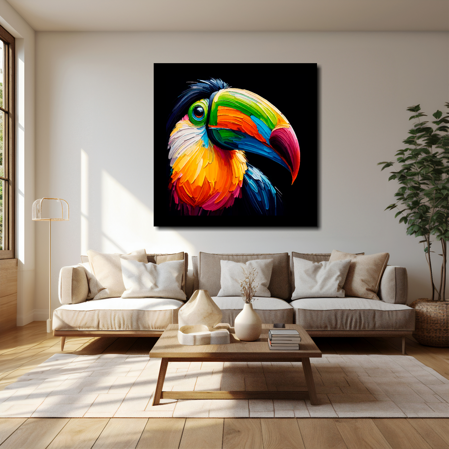 40 inch by 40 inch square canvas of a colourful Toucan portrait on a black background. Mounted on a white wall above a cream sofa with decorative pillows.