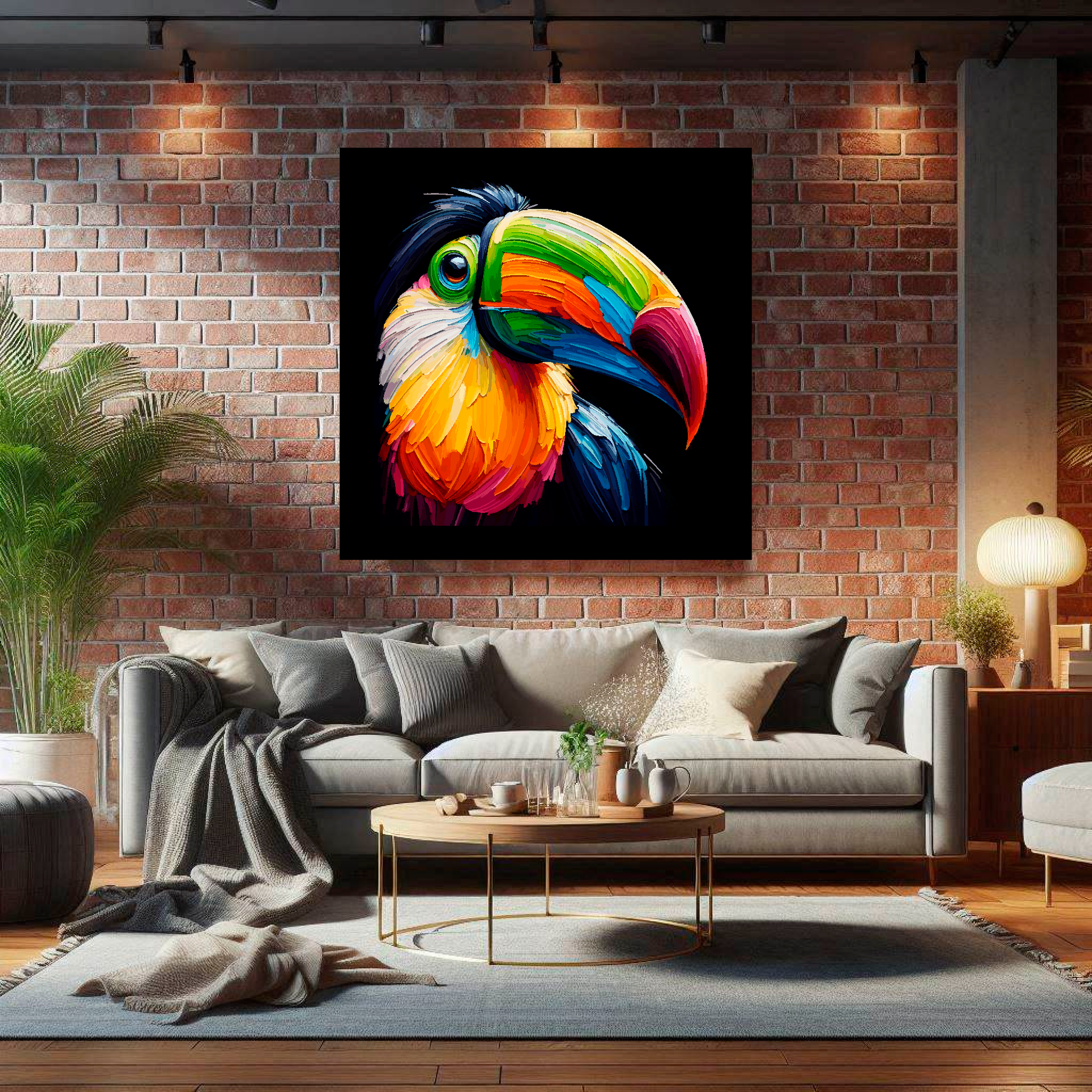 Large canvas wall art - A vibrant multi-coloured head portrait of a Toucan. Available in 3 large sizes.