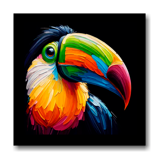 Large canvas wall art - A vibrant multi-coloured head portrait of a Toucan. Available in 3 large sizes.
