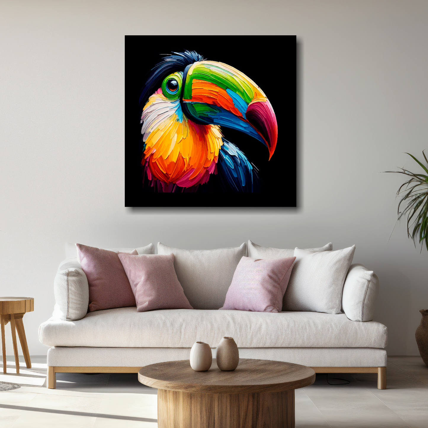 Large canvas wall art - A vibrant multi-coloured head portrait of a Toucan. Available in 3 large sizes.