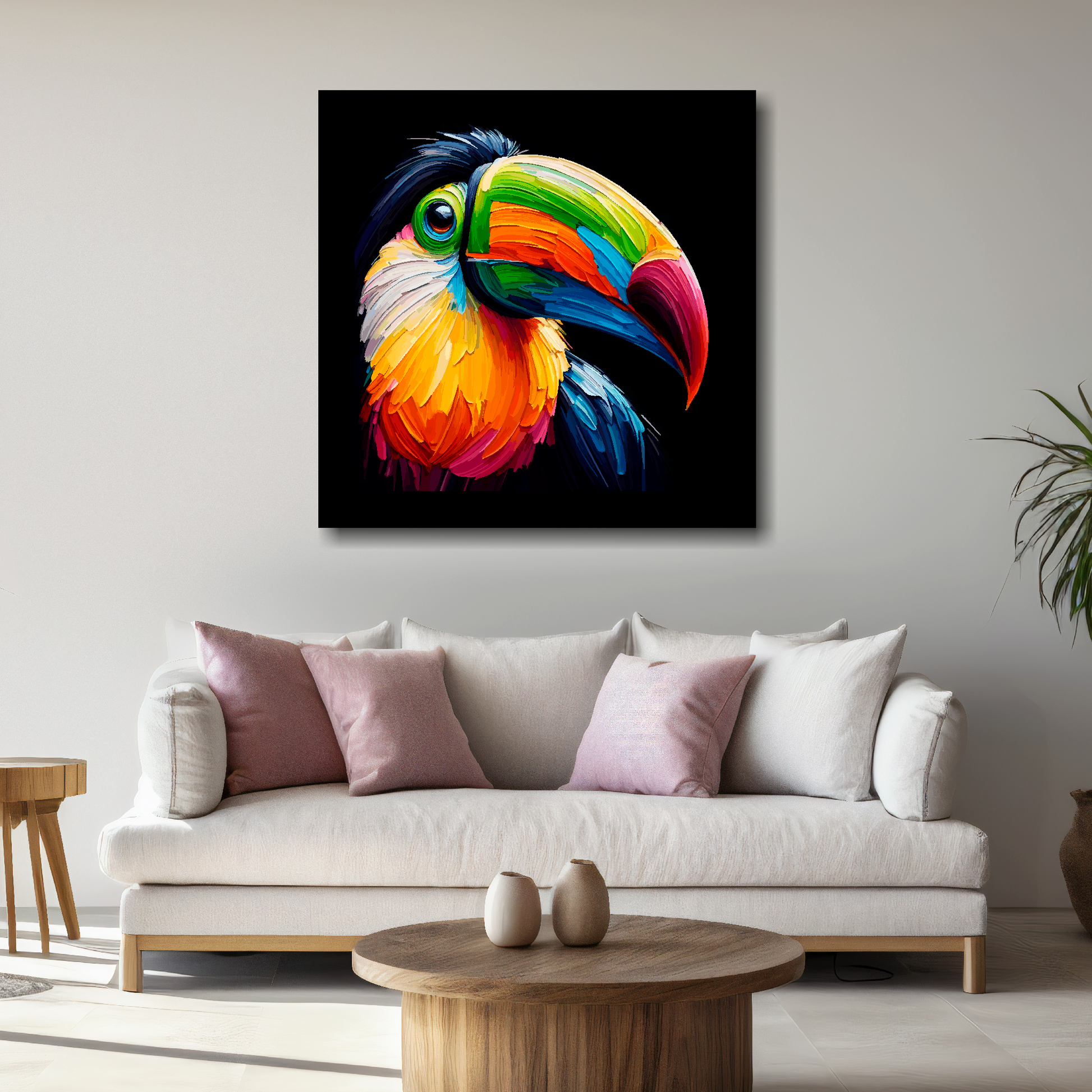 Large canvas wall art - A vibrant multi-coloured head portrait of a Toucan. Available in 3 large sizes.
