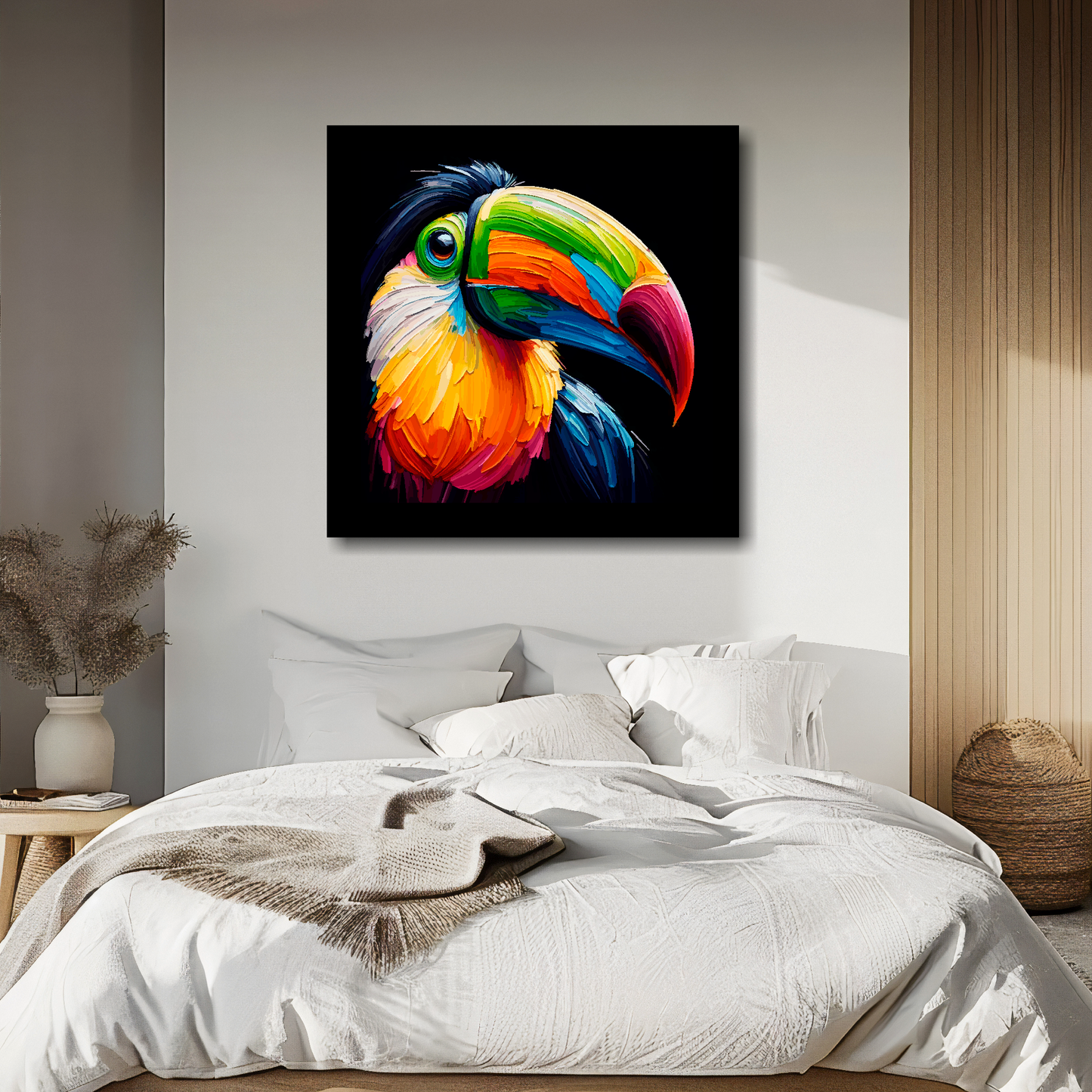 Large canvas wall art - A vibrant multi-coloured head portrait of a Toucan. Available in 3 large sizes.