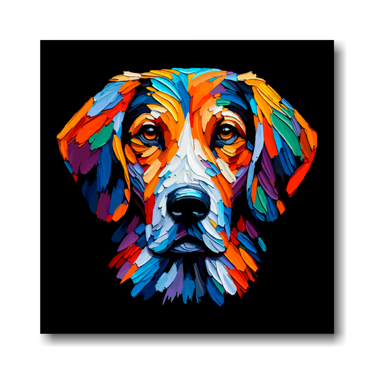 Colourful abstract painting of a Trailhound dog's face on a black background.