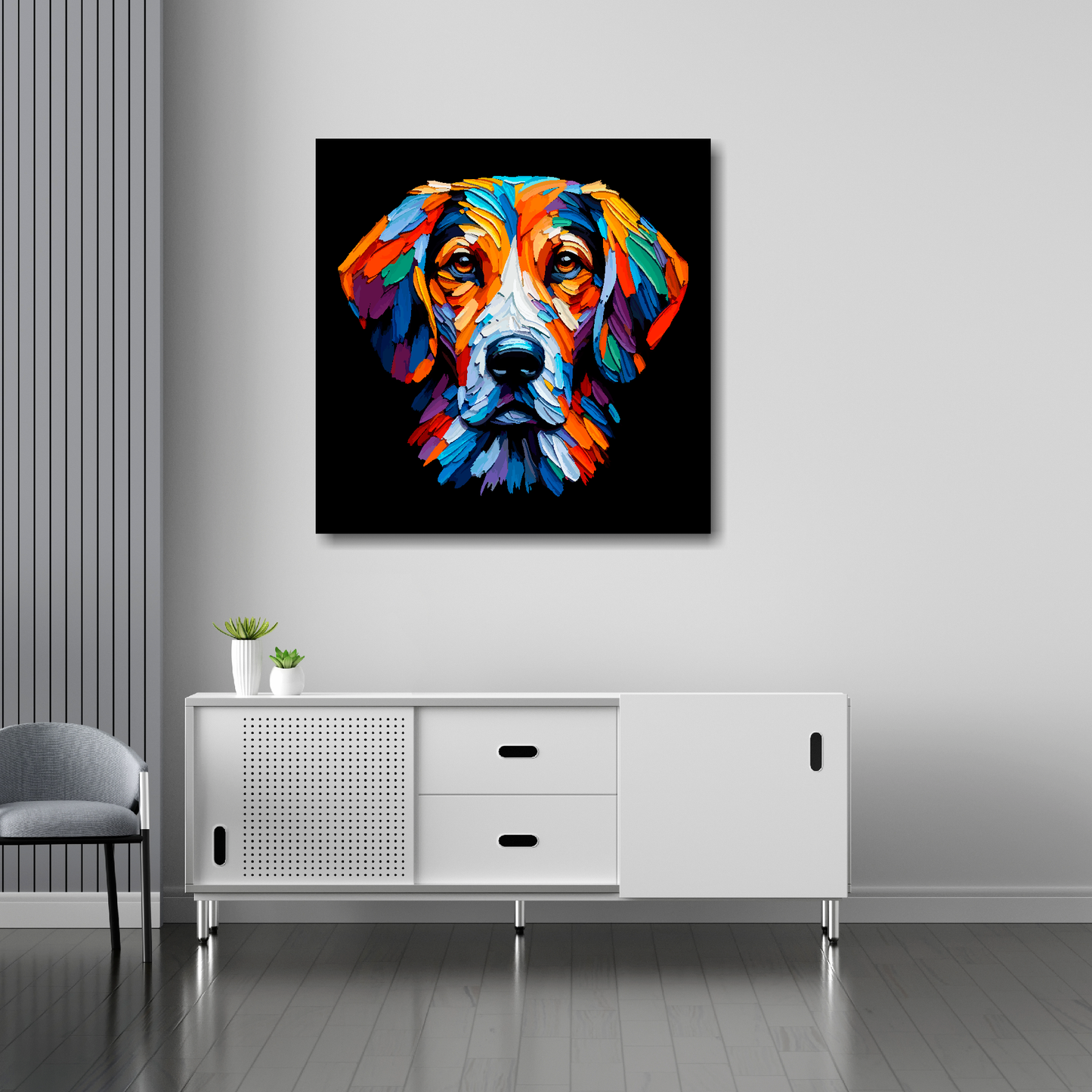 30 inch by 30 inch square canvas featuring a multi-coloured Trailhound dog portrait. Mounted on a white wall above a white sideboard.