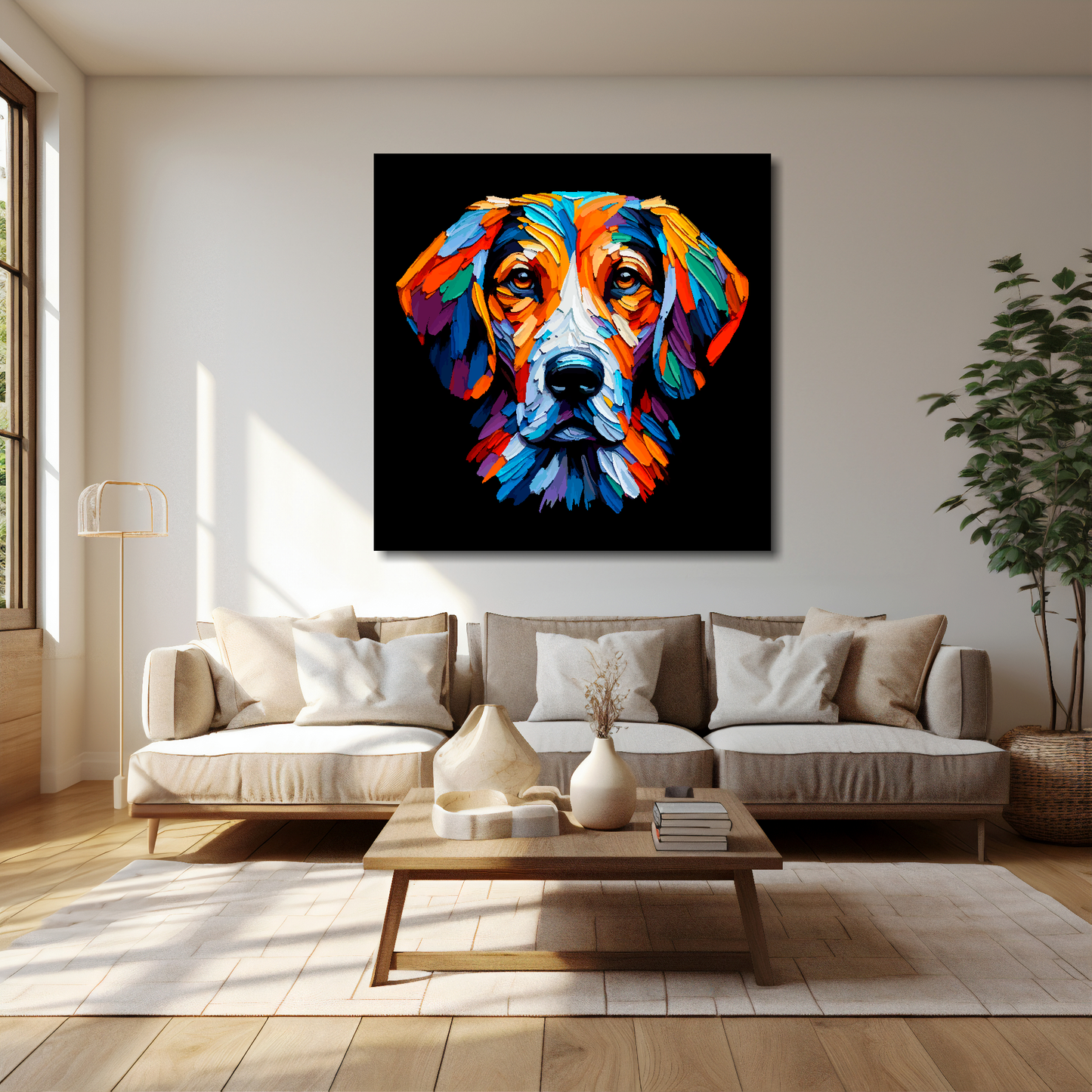 40 inch by 40 inch square canvas featuring a multi-coloured Trailhound dog portrait. Mounted on a cream wall above a cream sofa with decorative pillows.