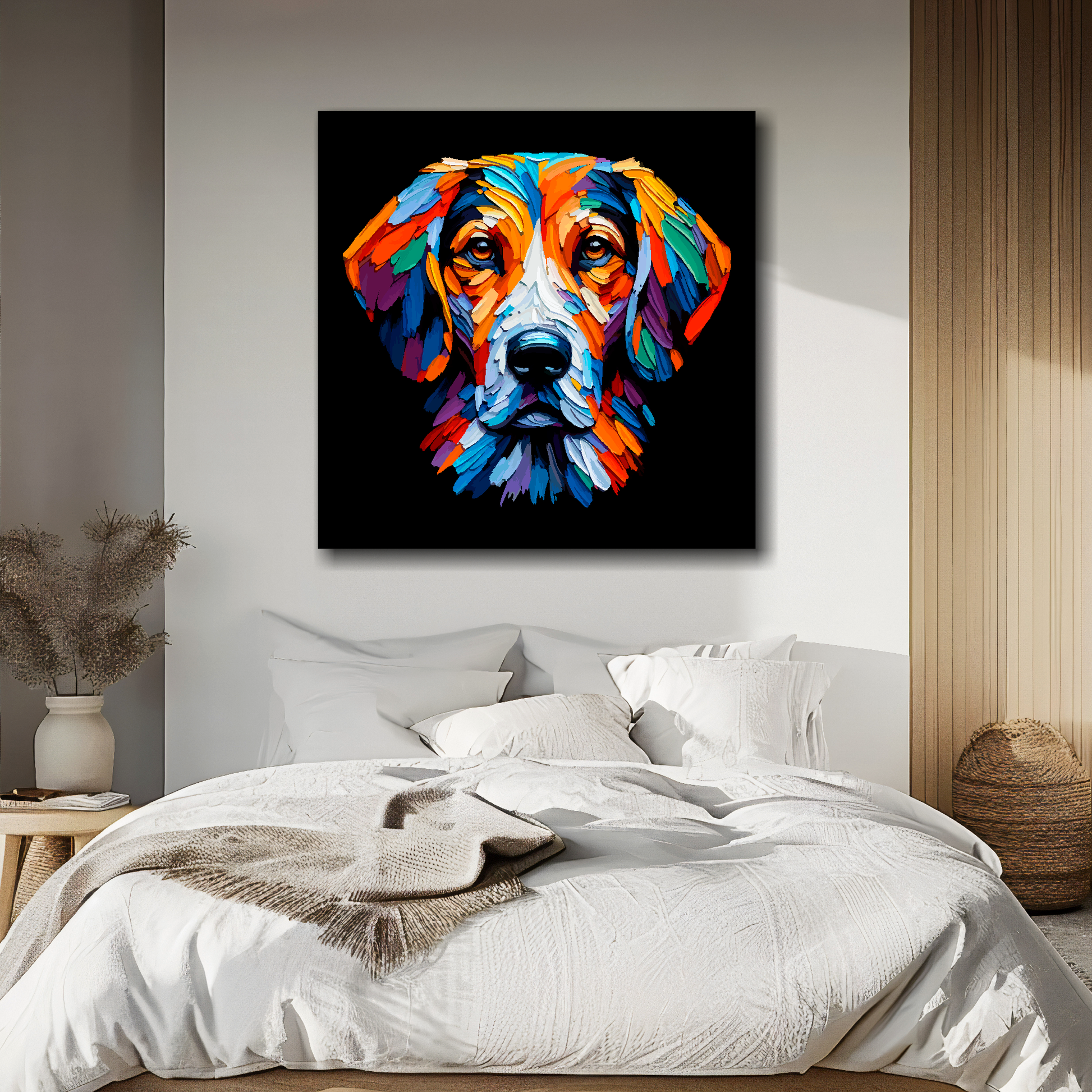 Canvas print  featuring a multi-coloured Trailhound dog portrait. Mounted on a white wall above a double bed.