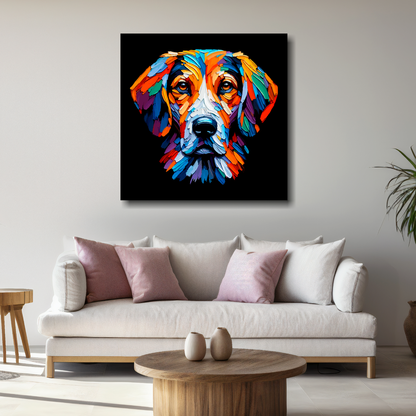 Large canvas print featuring a multi-coloured Trailhound dog portrait. Mounted on a white wall above a white sofa with decorative pillows.