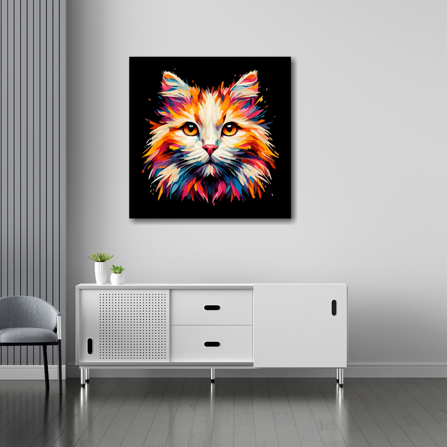 30 inch by 30 inch square canvas of a colourful Turkish Van cat head portrait on a black background. Mounted on a white wall above a white sideboard.