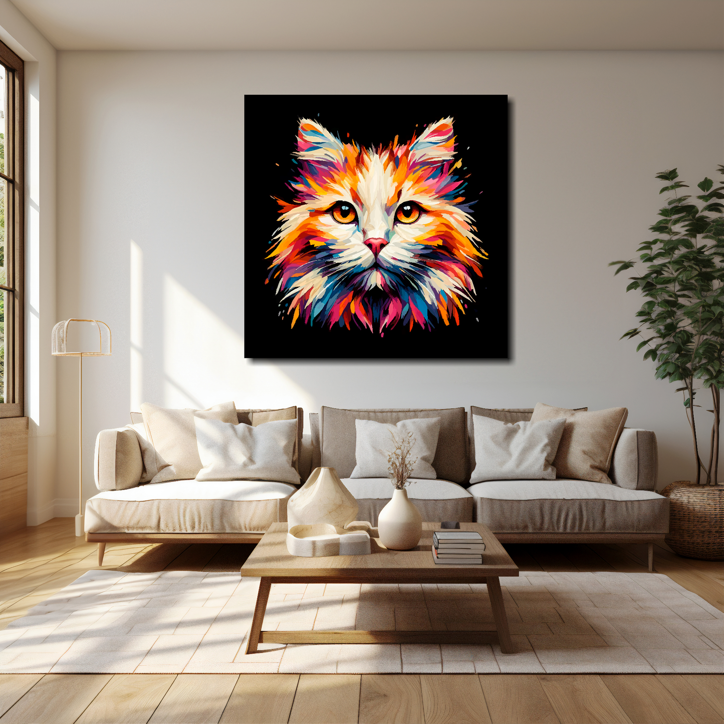 40 inch by 40 inch square canvas of a colourful Turkish Van cat head portrait on a black background. Mounted on a white wall above a cream sofa with decorative pillows.