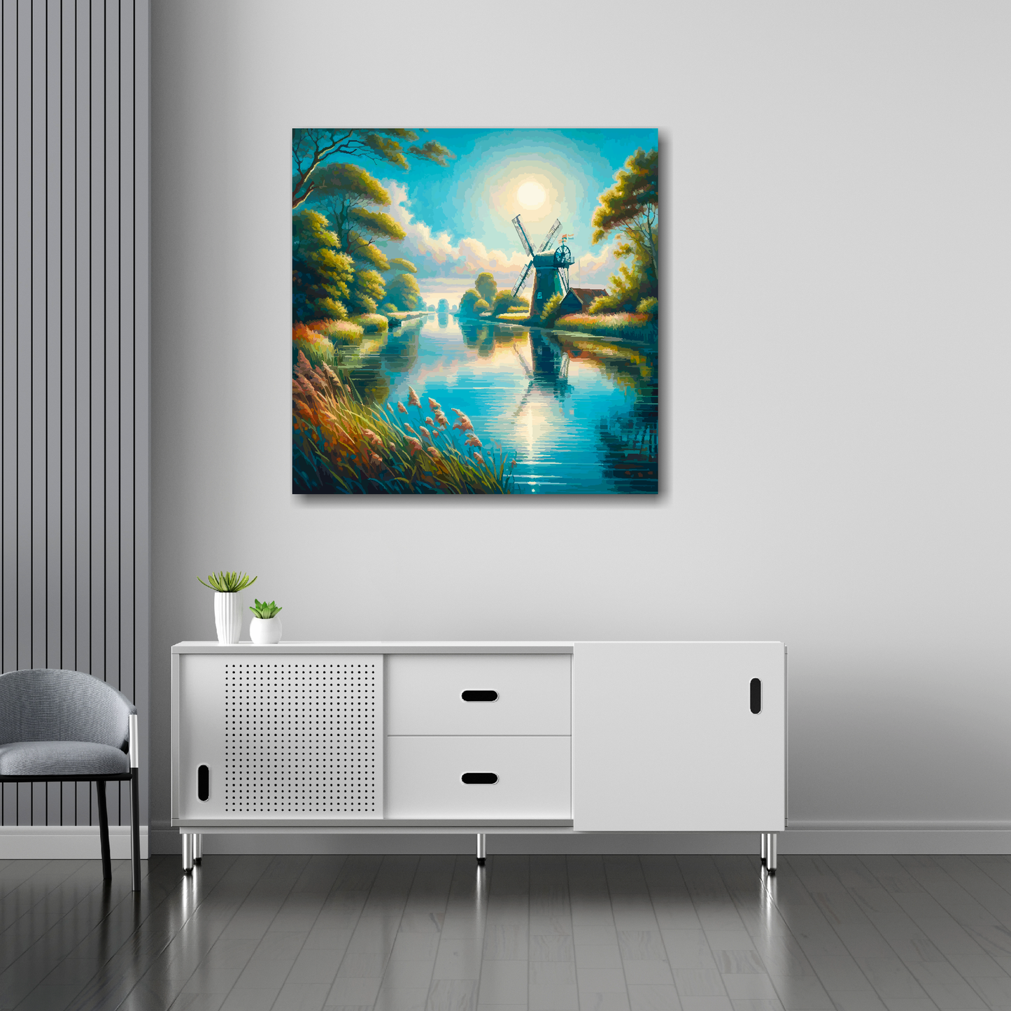 30 inch by 30 inch canvas mounted on a white living room wall above a white sideboard. Featuring an abstract painting of a windmill on the Norfolk broads.