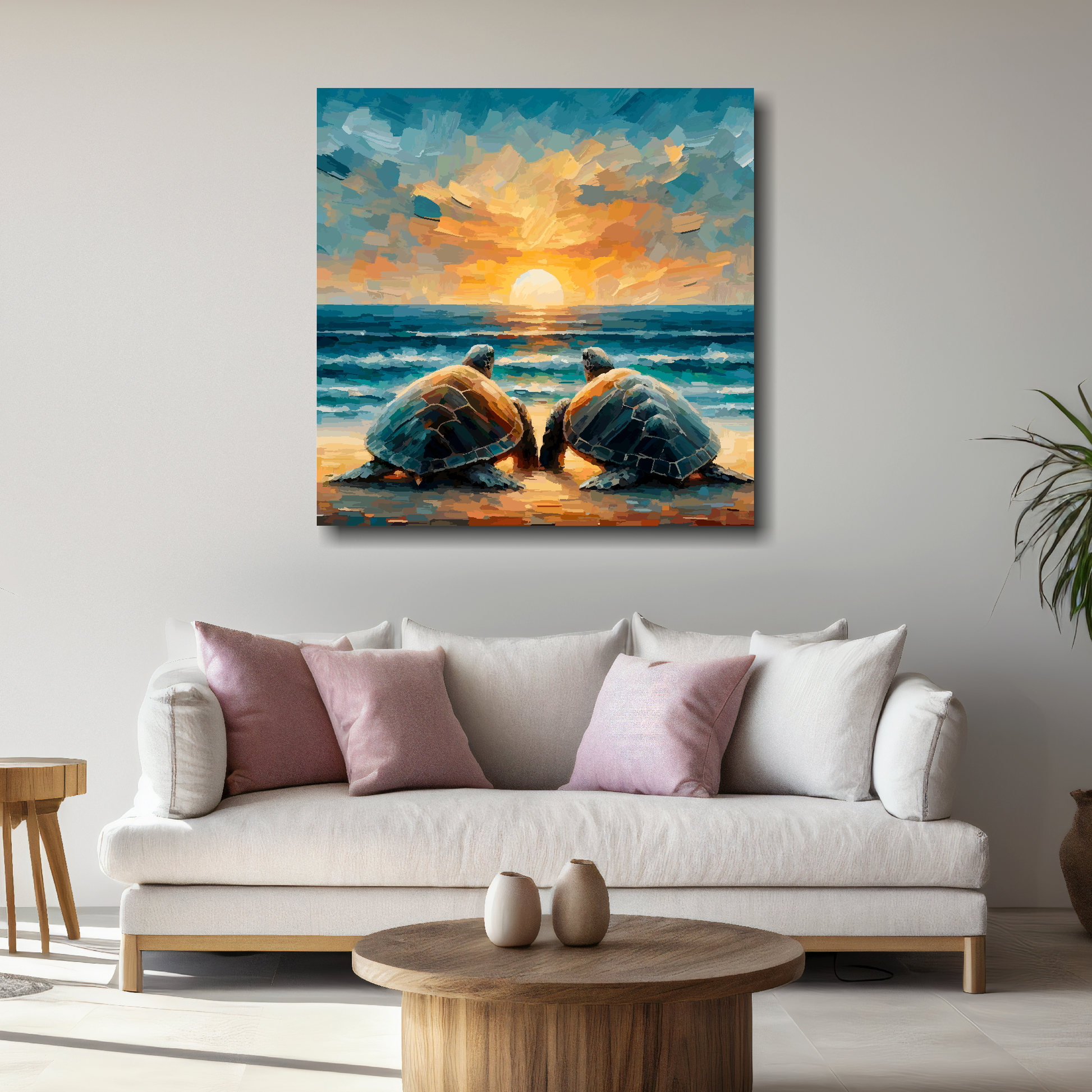Large square canvas featuring two turtles watching a sunset. Mounted on a white wall above a white sofa with decorative pillows.