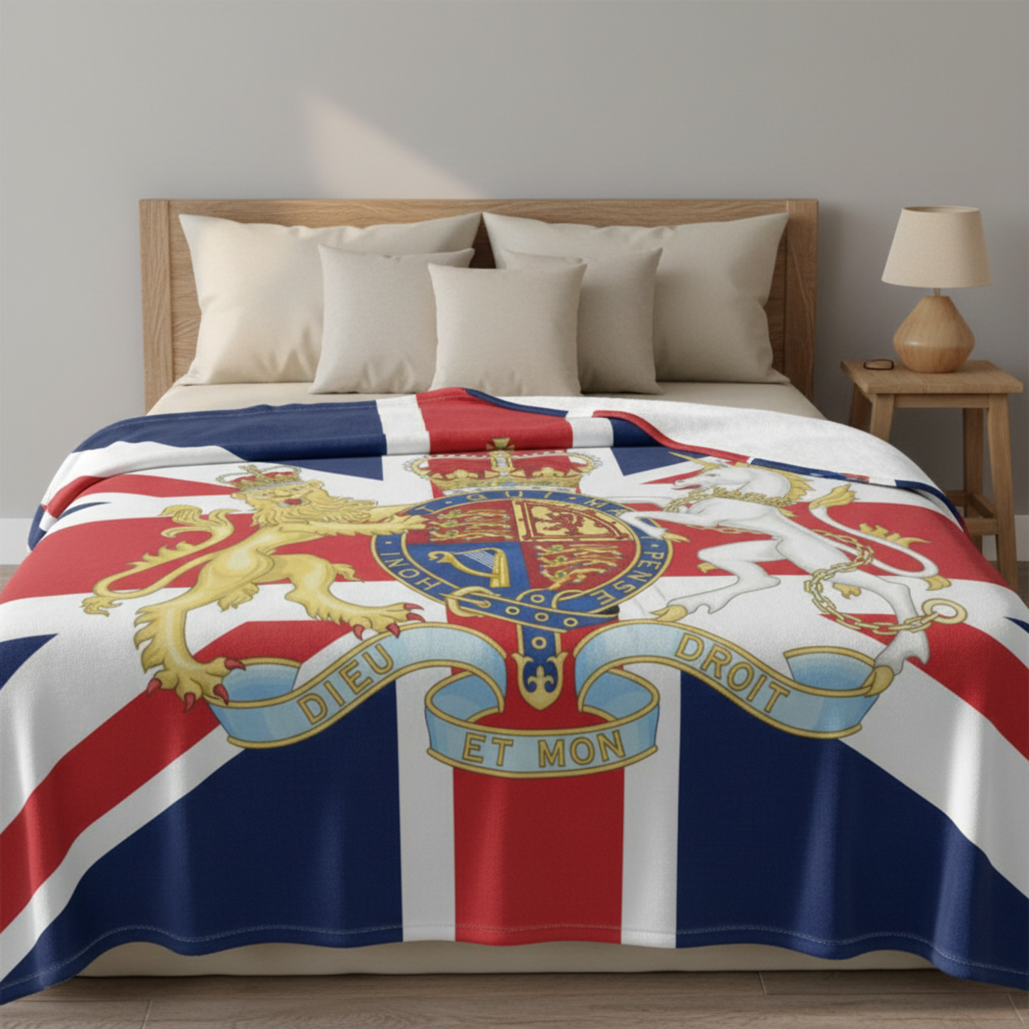 Close-up of British luxury fleece blanket with Union Jack and Coat of Arms patriotic design