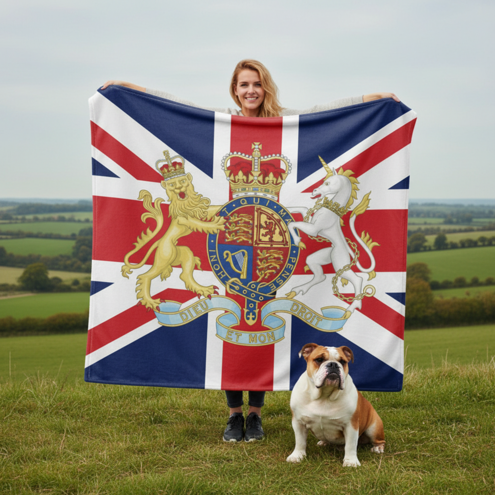 British fleece blanket with Union Jack flag and Royal Coat of Arms displayed outdoors showing 150cm x 150cm size