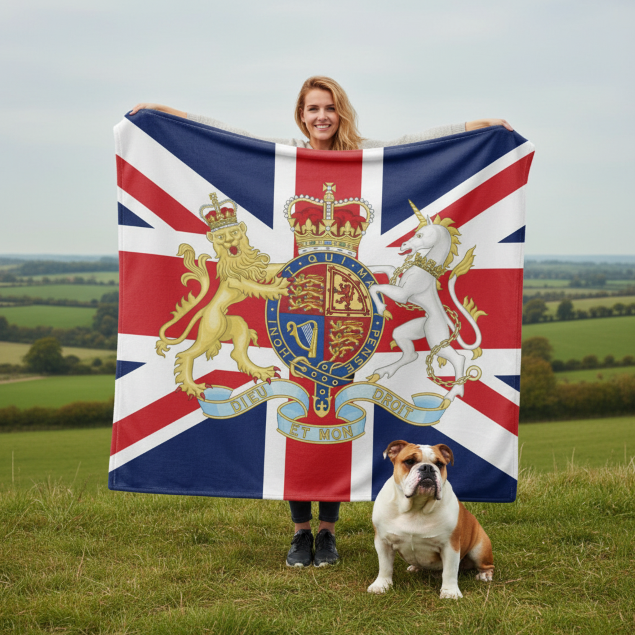 British fleece blanket with Union Jack flag and Royal Coat of Arms displayed outdoors showing 150cm x 150cm size