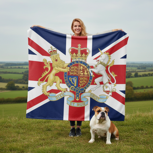 British fleece blanket with Union Jack flag and Royal Coat of Arms displayed outdoors showing 150cm x 150cm size