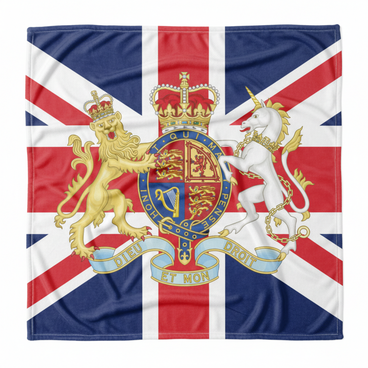 Patriotic UK fleece blanket featuring Union Jack design with Royal Coat of Arms, perfect British gift