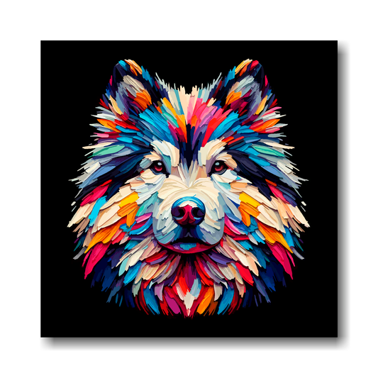 Colourful head painting of a Utonagan dog's face on a black background.