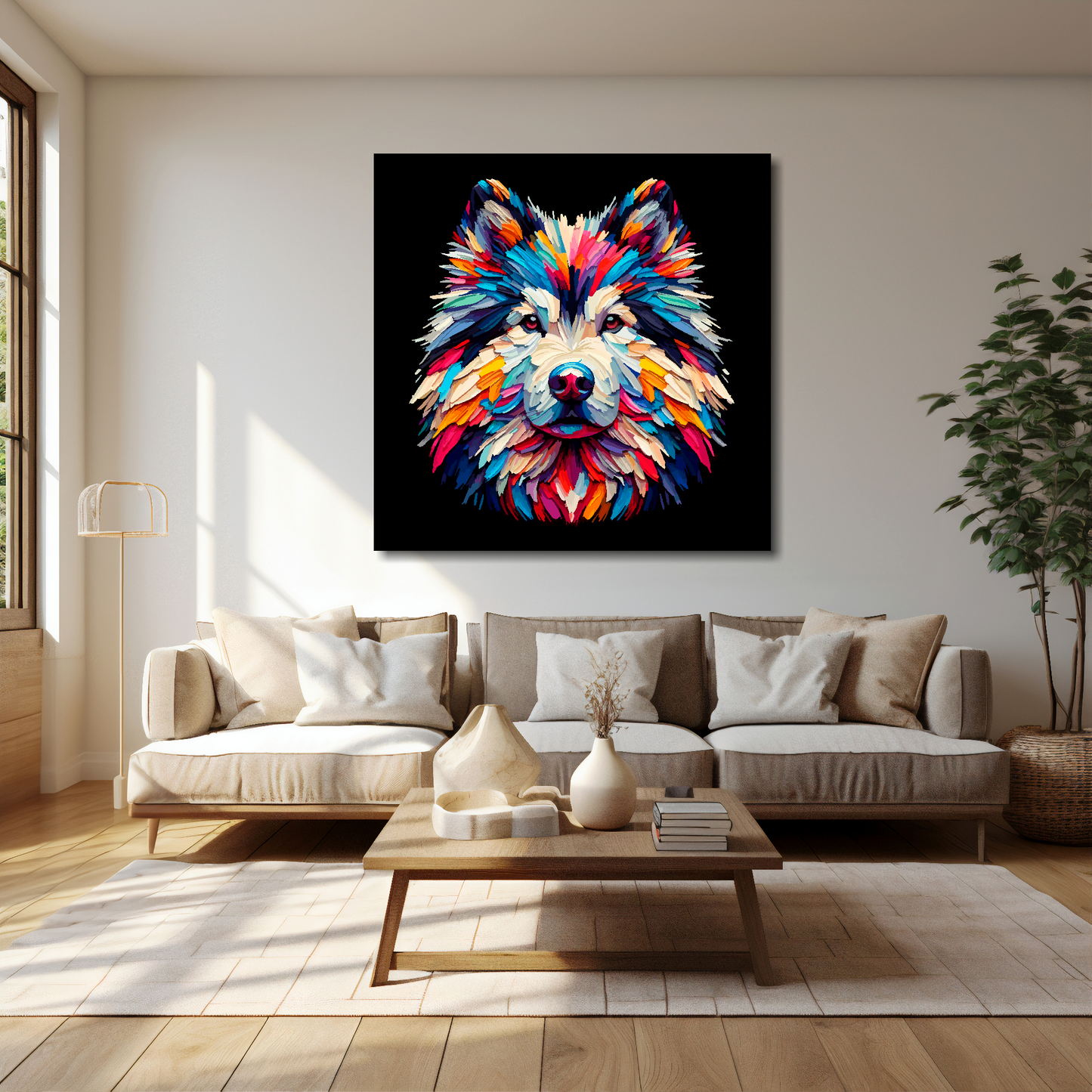 40 inch by 40 inch square canvas featuring a multi-coloured Utonagan dog portrait. Mounted on a cream wall above a cream sofa with decorative pillows.