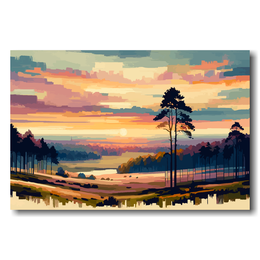 Painting of a sunset over moors with trees and a vanilla sky.