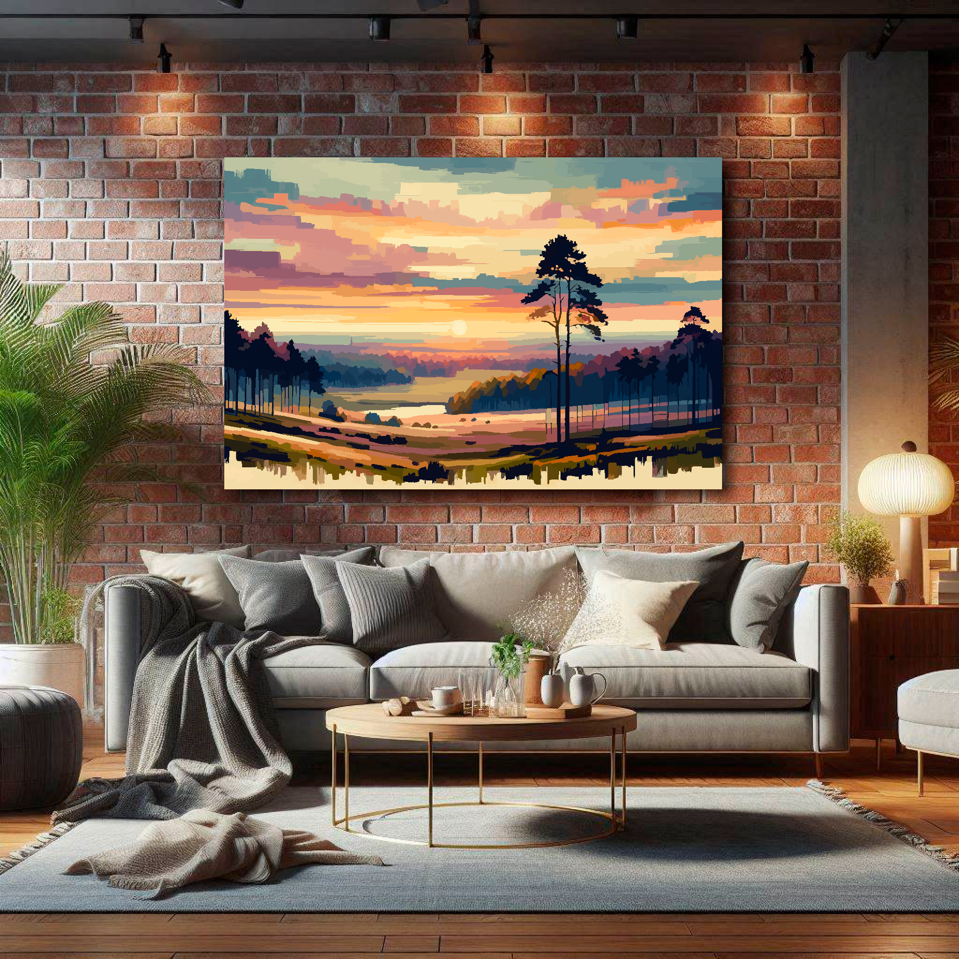 Living room with a gray sofa, coffee table, and wall art of a landscape with a tree.