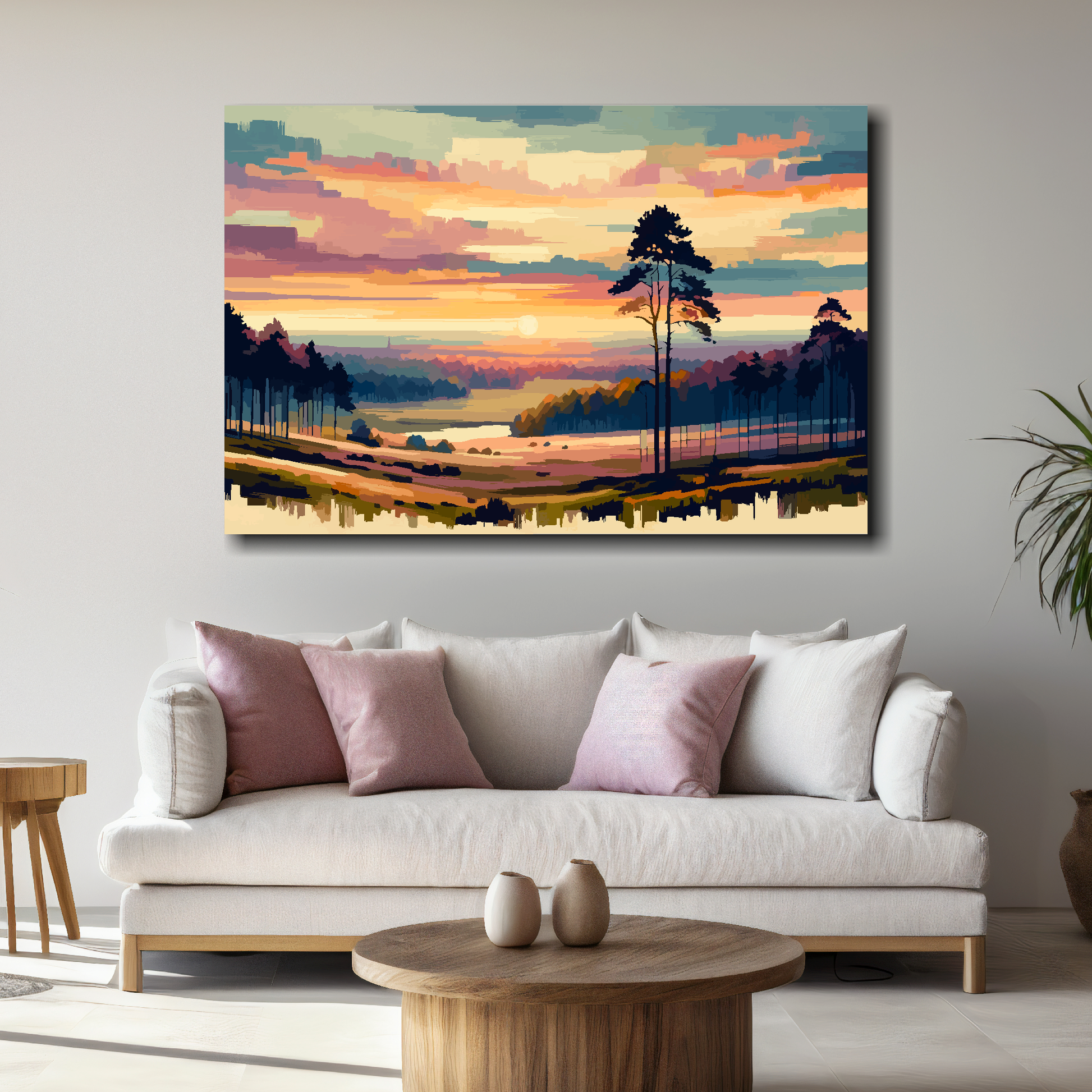Landscape painting of a sunset over a field with trees on a wall above a white sofa.